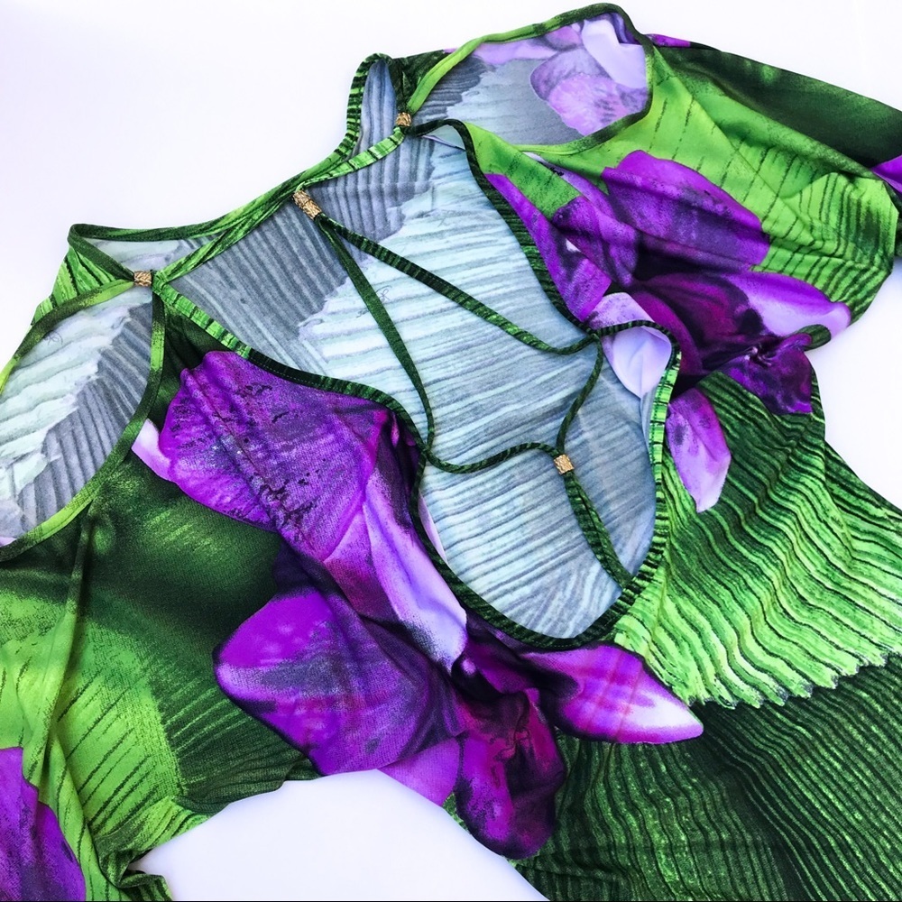 Vintage Runway & Magazine Roberto Cavalli Purple & Green Floral Dress XL - Picture 6 of 10